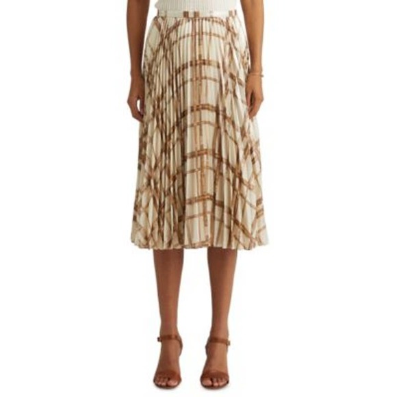 Lauren Ralph Lauren Women's Cream & Tan Metallic Equestrian Print Pleated Skirt - Picture 1 of 4